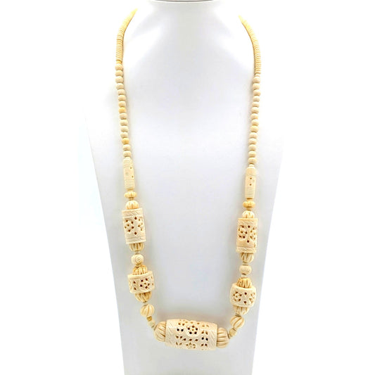 Antique Cream Hand Carved Pierced Bead Barrel Clasp 26" Necklace