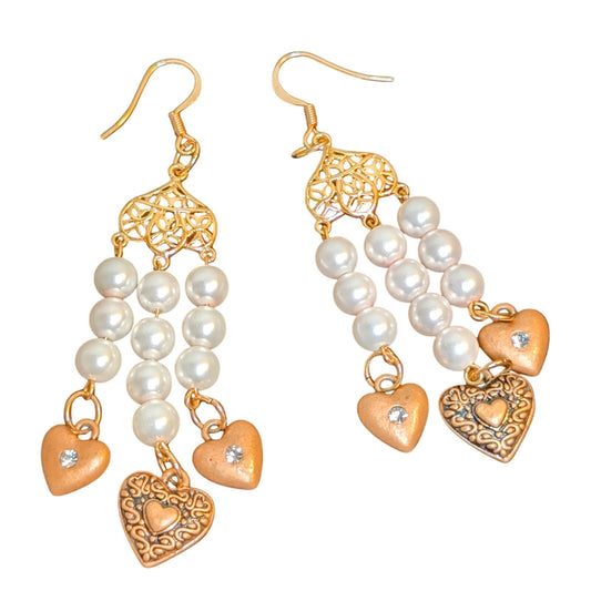 Rose Tone Triple Pearl Strand Dangle Hearts Earrings