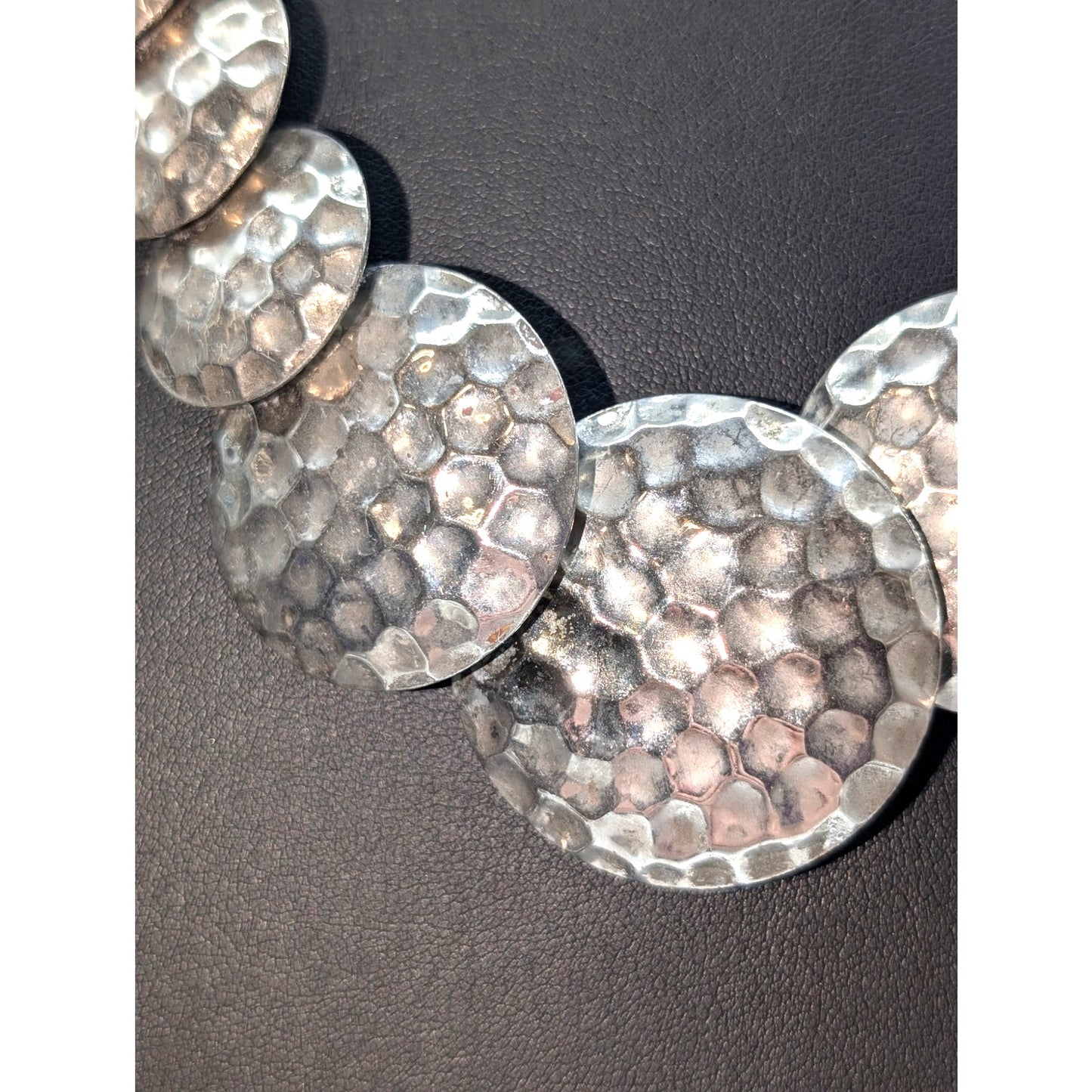 Vintage Hammered Silver Graduated Metal Disc Bead Barrel Clasp 22" Necklace