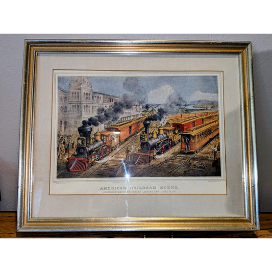 1874 Currier Ives Litho Art American Railroad Scene Express Train Parson Atwater