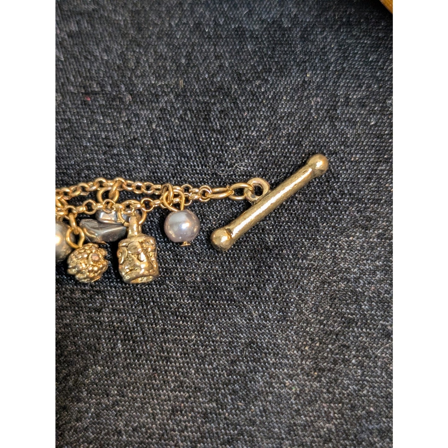 Vintage Antique Gold Tone Carved Glass Animal Gray Pearl Charm Toggle Bracelet