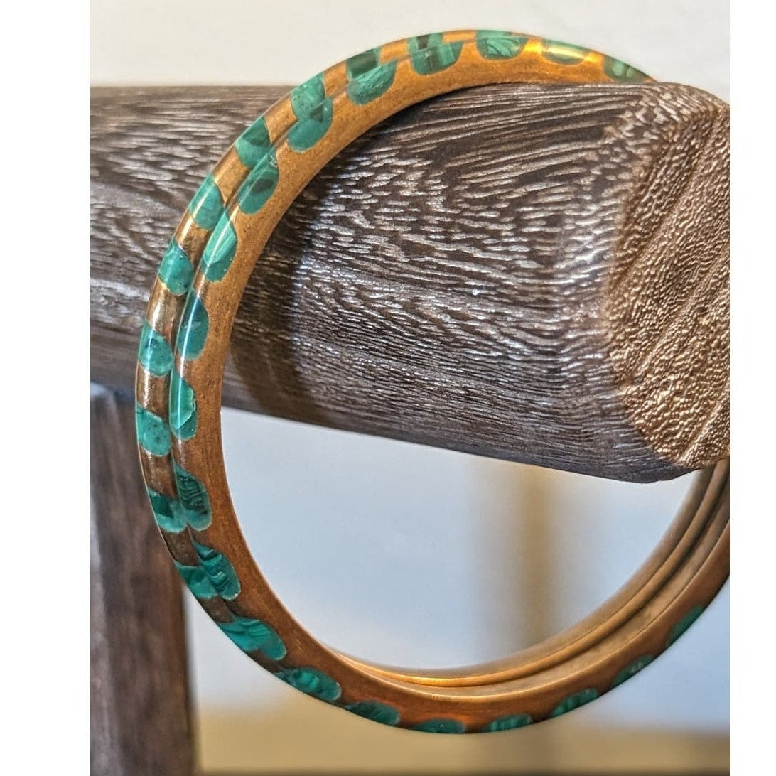 Vintage Thin Malachite Inlaid Brass Metal Bangle Bracelet Set of Two