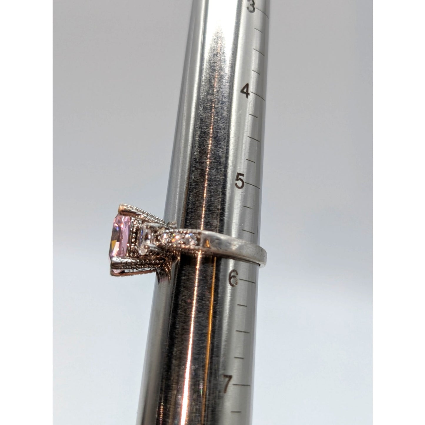 925 Sterling Silver Pink Multi Faceted Cushion Cut & CZ Ring Size 5.75