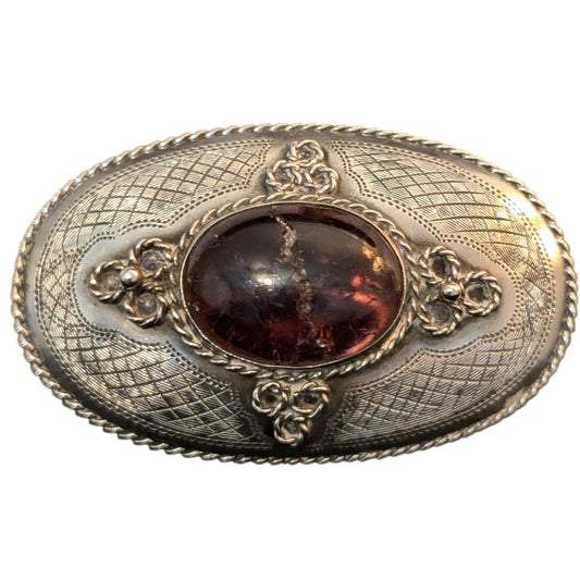 Antique Sterling Signed Rope Design Cracked Amethyst Glass Sash Brooch Pin