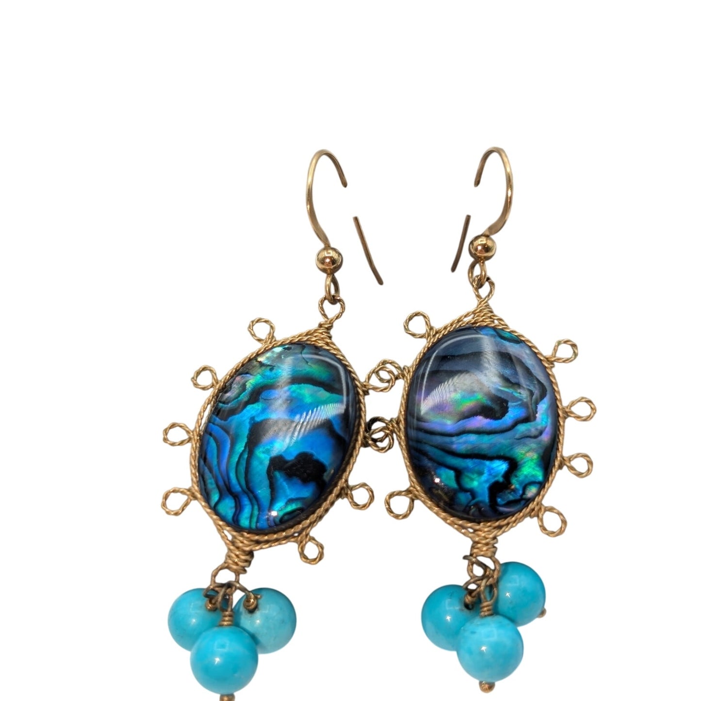 14K Gold Filled Wire Wrapped Shell Look Bead Blue Bead Dangle Artisan Earrings