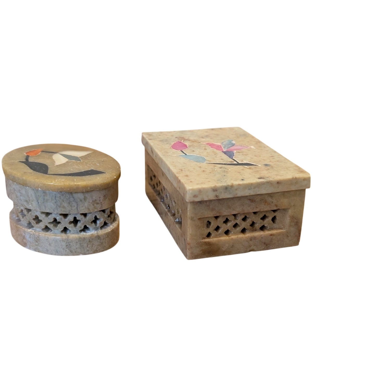 VTG Two Oval & Rectangle Hand Carved Flower Inlaid Soapstone Trinket Boxes