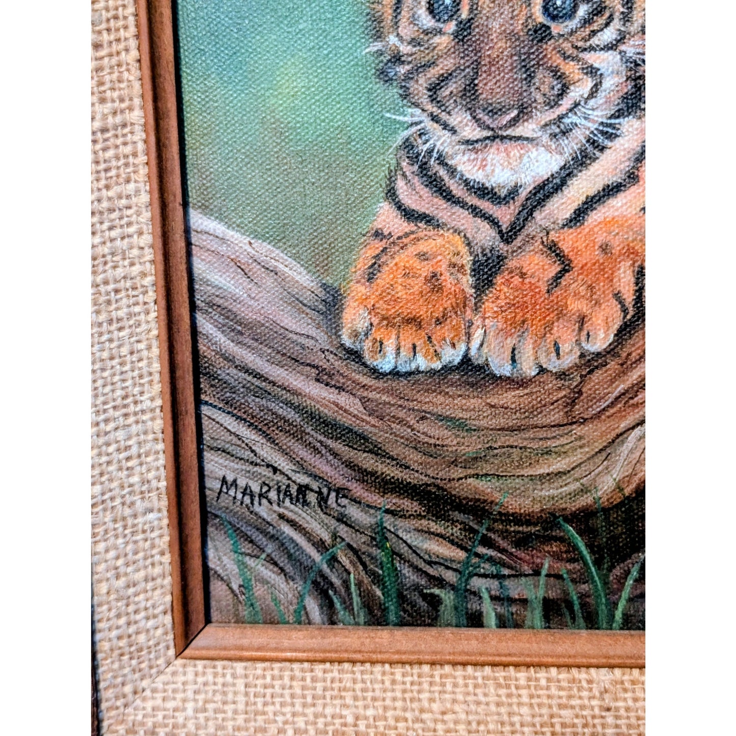 Vintage Original Wood Framed Baby Tiger Oil Painting on Canvas Signed Marianne