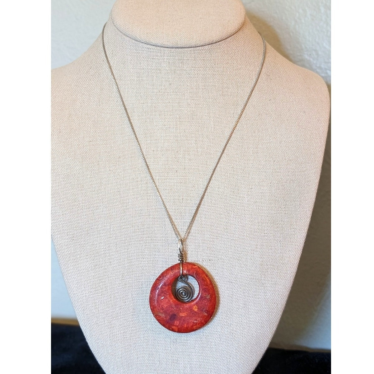Vtg Large Red Coral Donut Boho Pendant on 925 Italy Sterling 18" Necklace