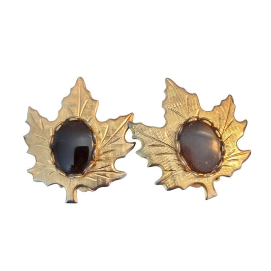Vintage Gold Tone Leaf Brown Stone Clip On Earrings