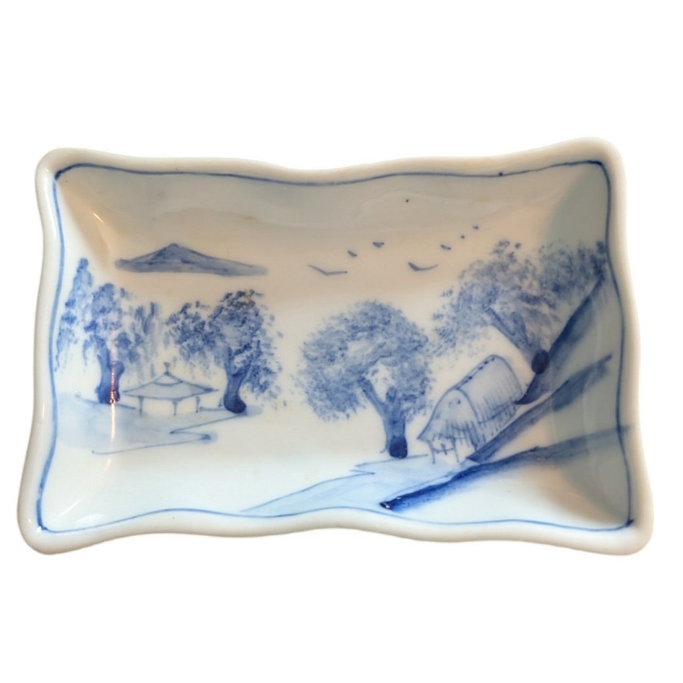Antique Blue White Scalloped Edge Oblong Misty Landscape Painted Dish