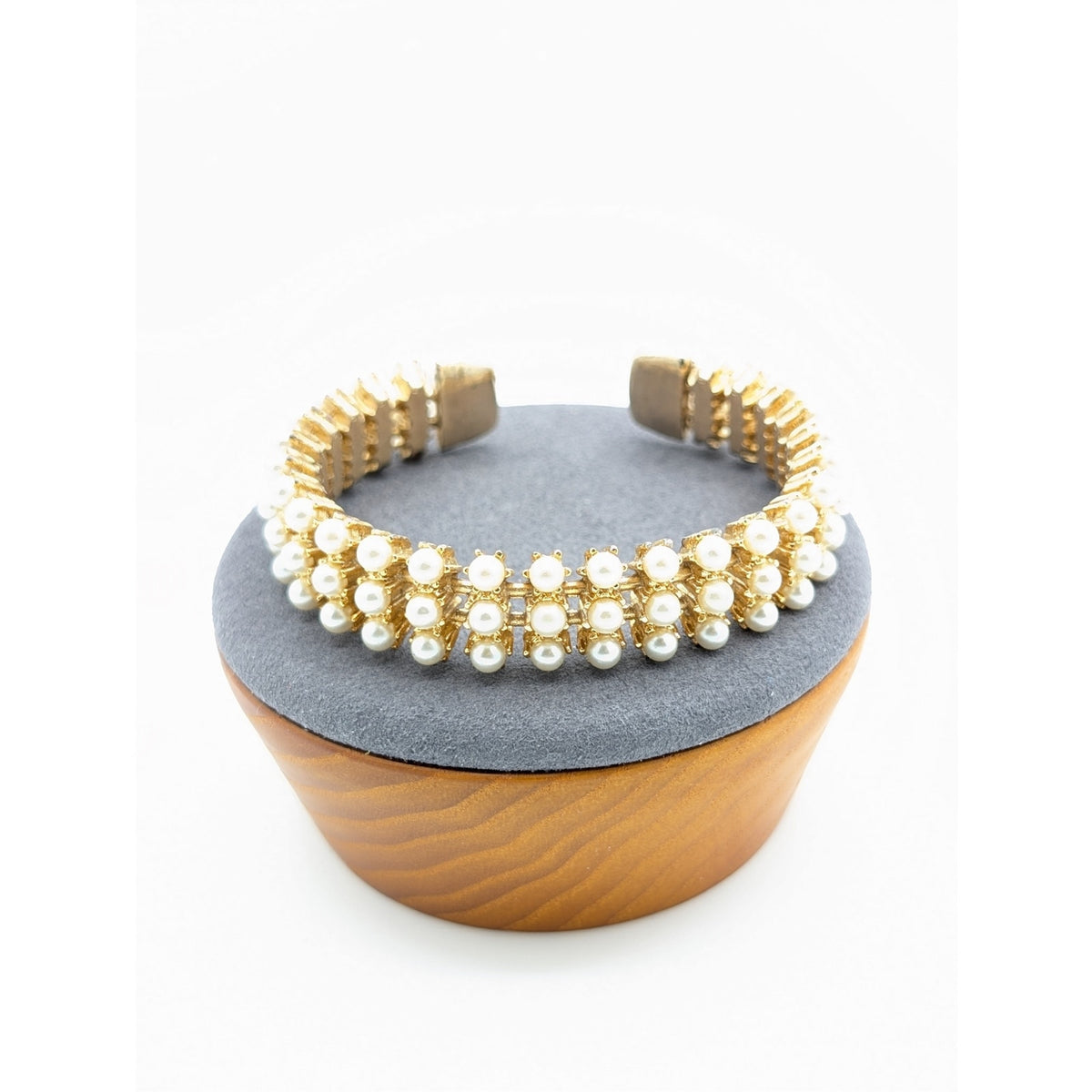Vintage Gold Tone Three Row Faux Pearl Cuff Bracelet