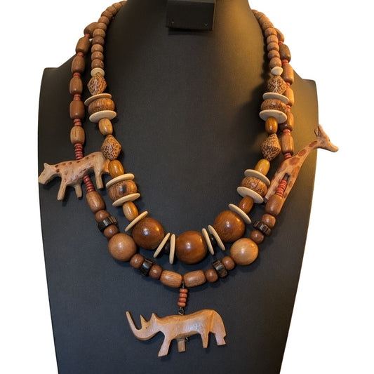 Lot of Two Vintage Tribal Ethnic Wooden Carved Animal Bead Necklaces