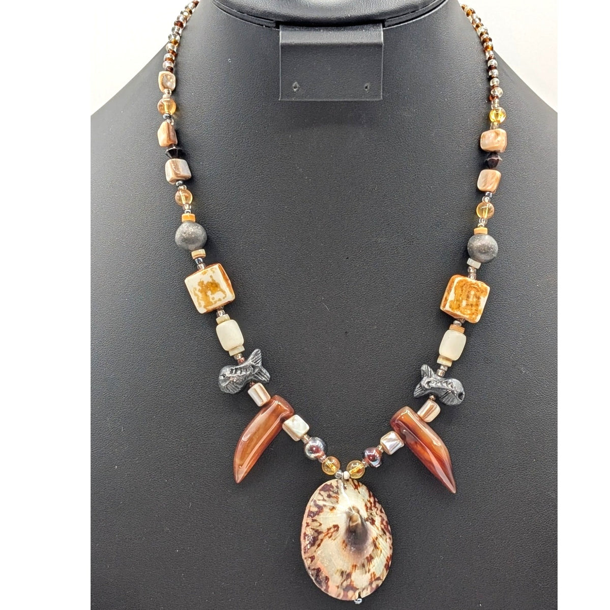 Shell Pendant Beachy Tribal Boho Glass Bead Fishy Toggle Clasp 21" Necklace