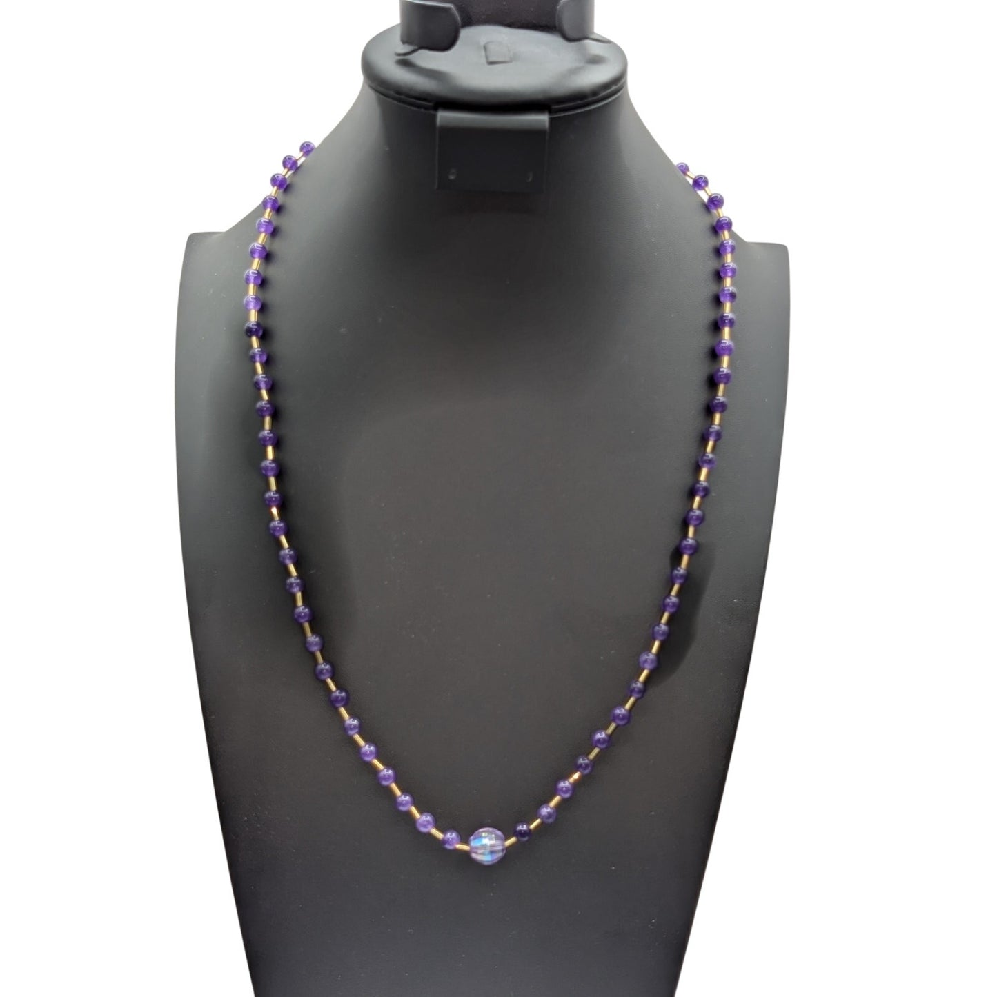 Amethyst Stone & Faceted Crystal Center Bead Gold Tone Toggle Clasp 28" Necklace