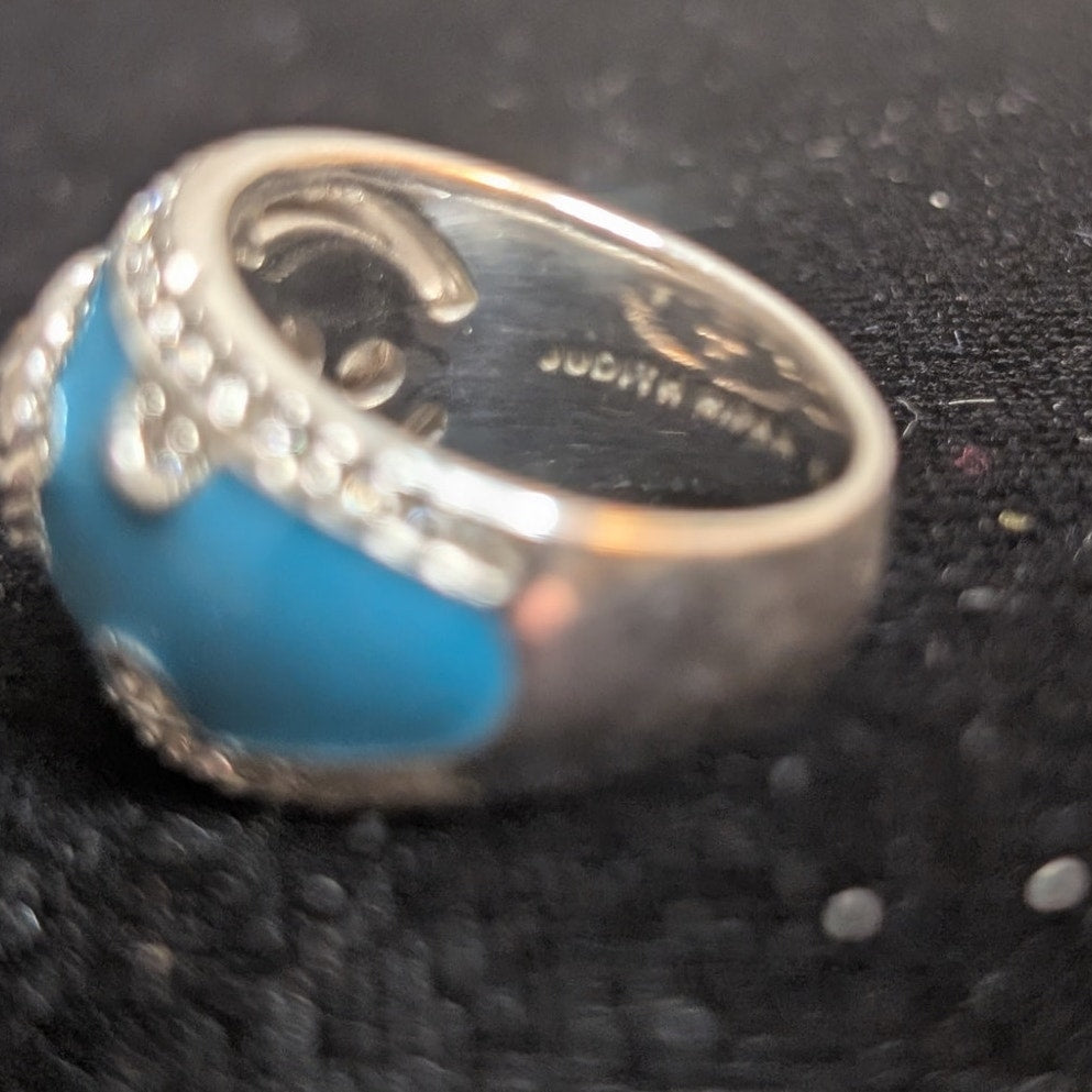 Judith Ripka Aqua Enamel Blue Spinel CZ 925 Sterling Cigar Band Ring Sz 5.75