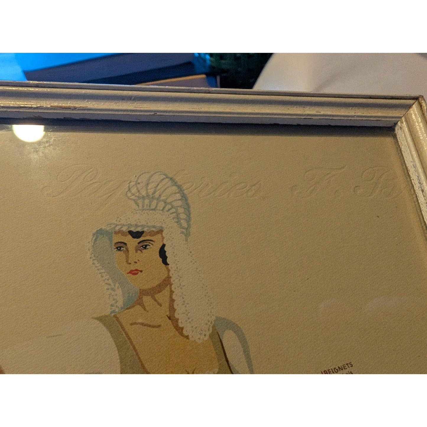 Four 10" x 6.5" Cream Wood Frame Antique/Vtg Signed Fashion Prints Under Glass