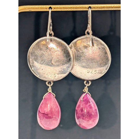 Vintage 925 Sterling Silver Pink Spinel Teardrop Dangle Wire Earrings