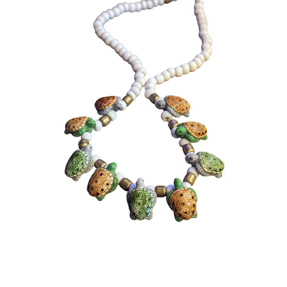 Glass Bead Ceramic Turtle Necklace & 70s Seed Bead Flower Choker