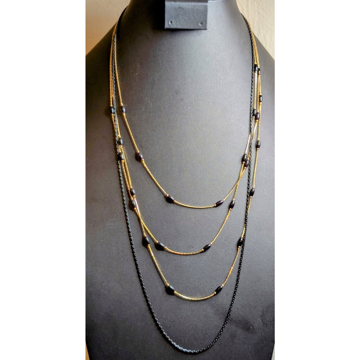 Lot of Two Vintage Black & Gold Chain Layered Necklaces