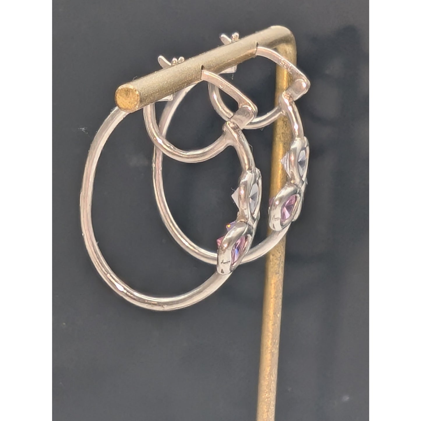 Vtg 925 Sterling Silver Lavender Pink Clear CZ Clover Design Hoop Earrings