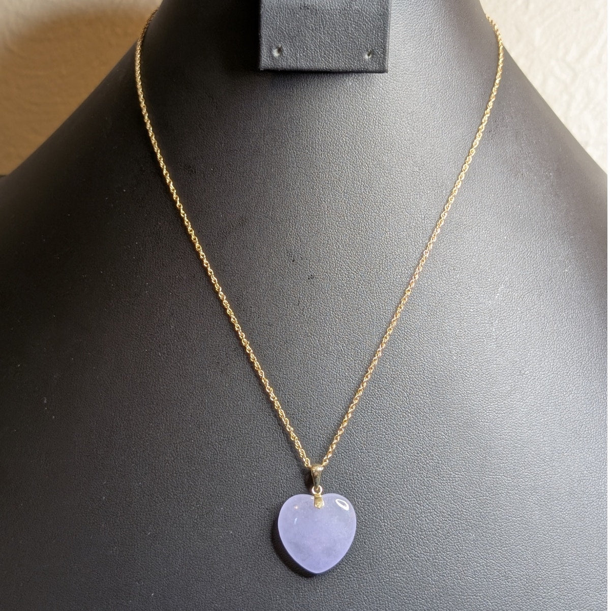 Lavender Jade Heart 14k Yellow Gold Pendant 18" Rope Chain Necklace
