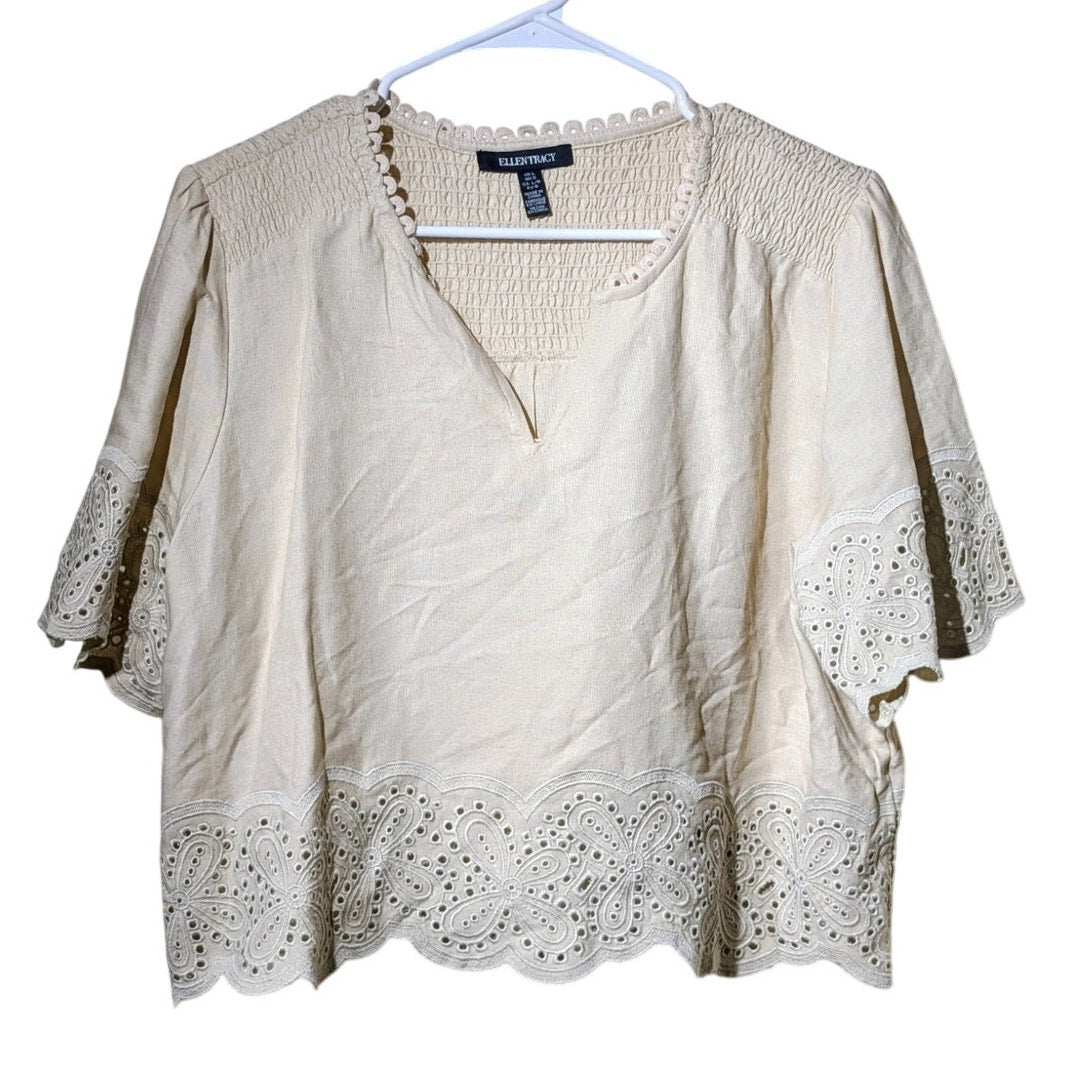 Ellen Tracy Ecru Linen Blend Smock Back Hem & Sleeve Trimmed V-Neck Crop Top L