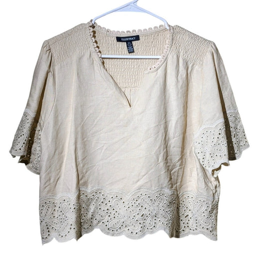 Ellen Tracy Ecru Linen Blend Smock Back Hem & Sleeve Trimmed V-Neck Crop Top L