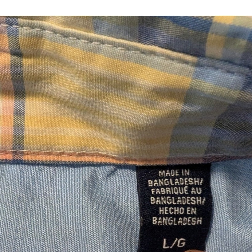 Izod Yellow Blue Plaid Short Sleeve Button Down Shirt Mens Sz L