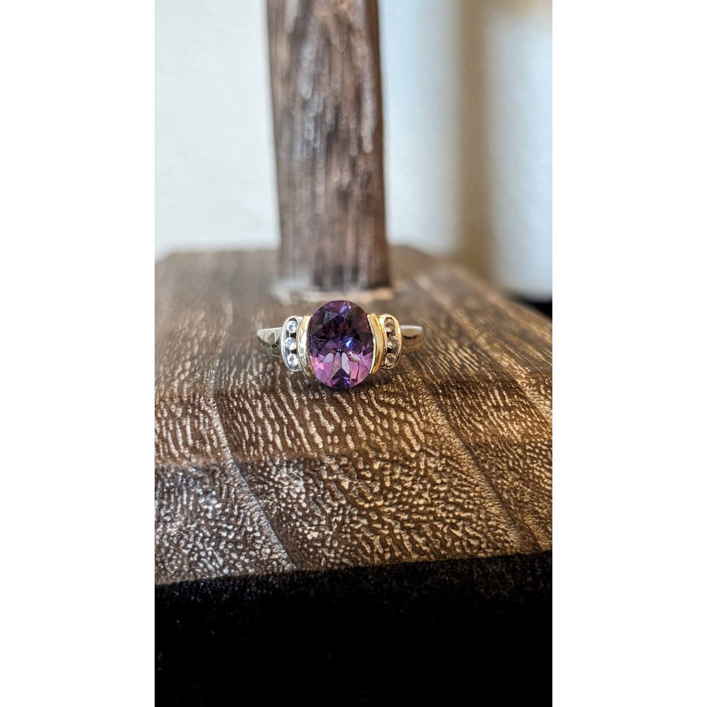 Amethyst White Spinel 925 14K Partial Bezel Set Ring Size 7.5