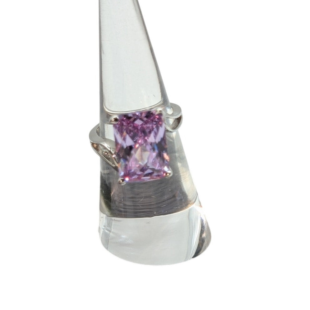 925 Sterling Silver Lavender Checkerboard Cut Rectangular Glass Stone Ring Sz 6