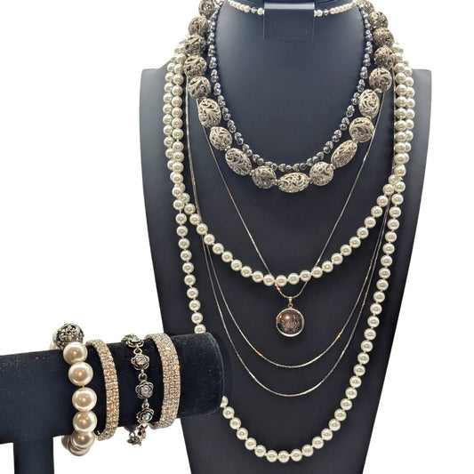 Lot of 9 Pcs of Faux Pearl Rhinestone Chain & Filigree Silver Tone Metal Jewelry