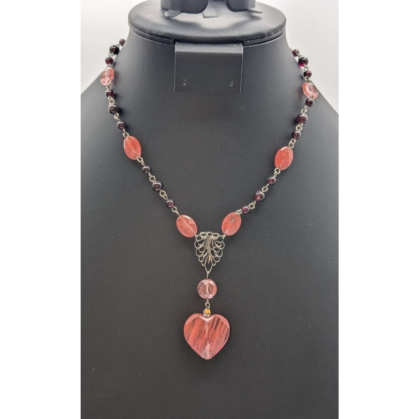 Antique Silver Tone Pink Glass Heart Garnet Bead Y-Drop 16"-17.5" Necklace