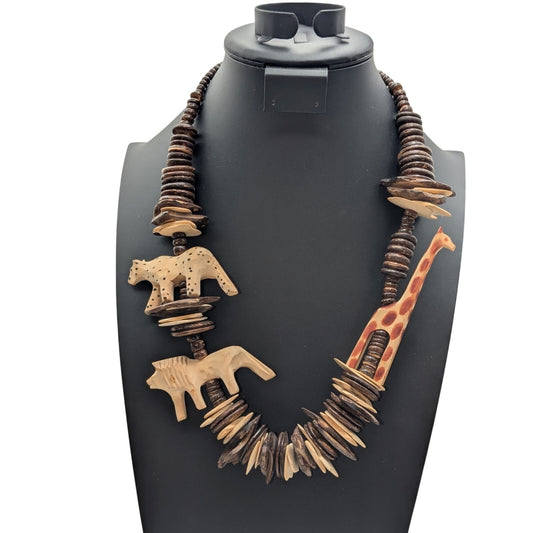 Tribal Lion Tiger Giraffe Carved Animal Coconut Shell Bead Barrel Clasp Necklace