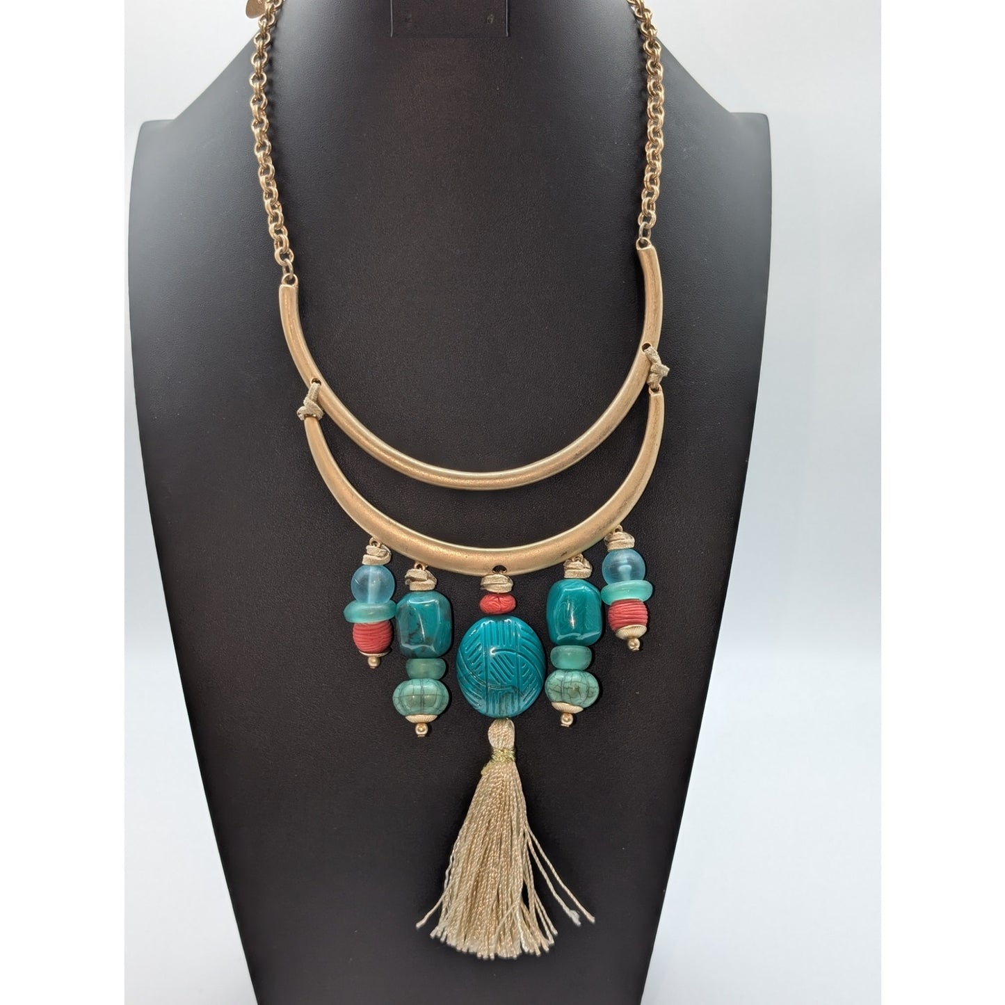 Chico's Gold Tone Faux Turquoise Coral Sea Glass Tassel Bib 15"-18.5" Necklace