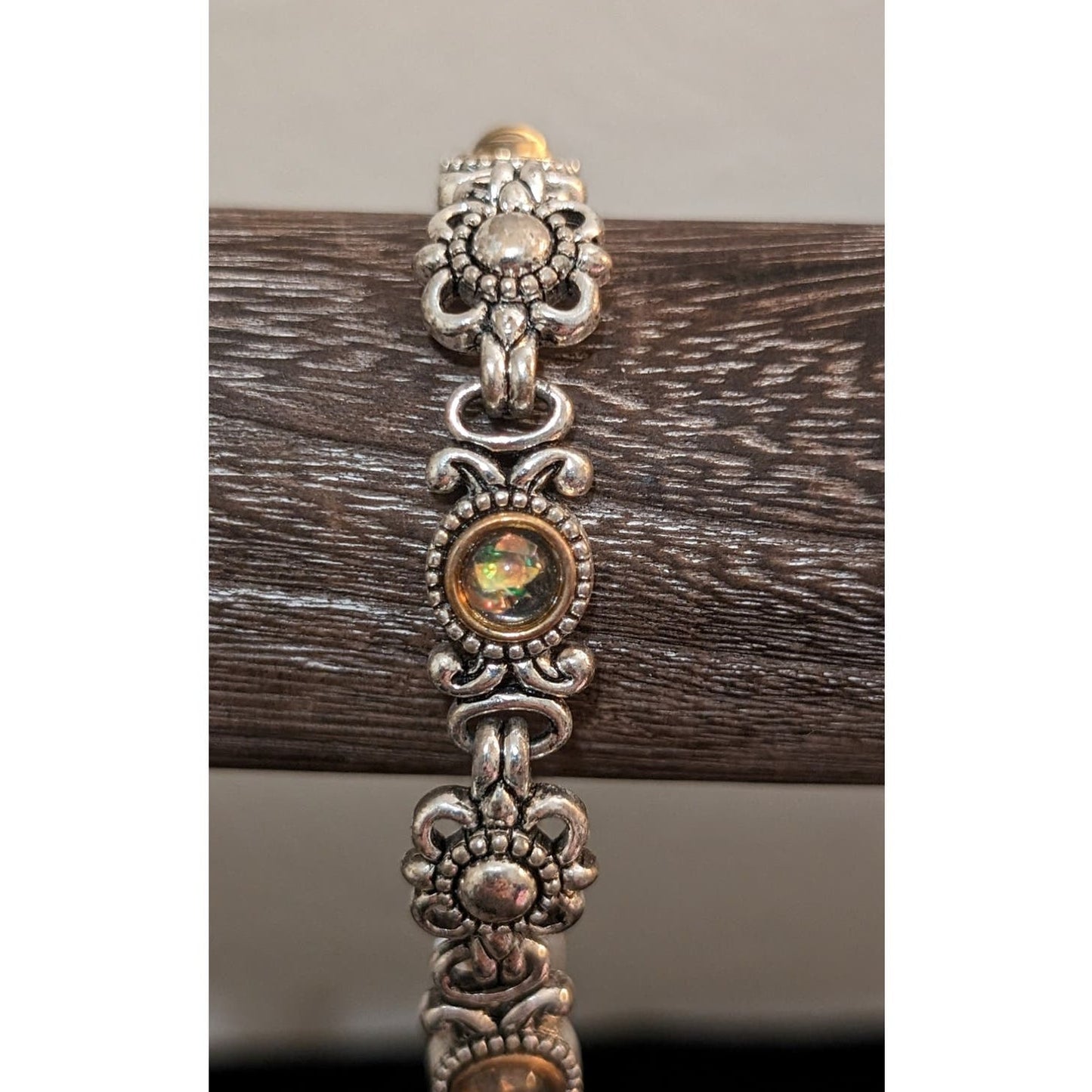 Silver Tone Yellow Opalescent Bead Station Flower Magnetic Closure Bracelet