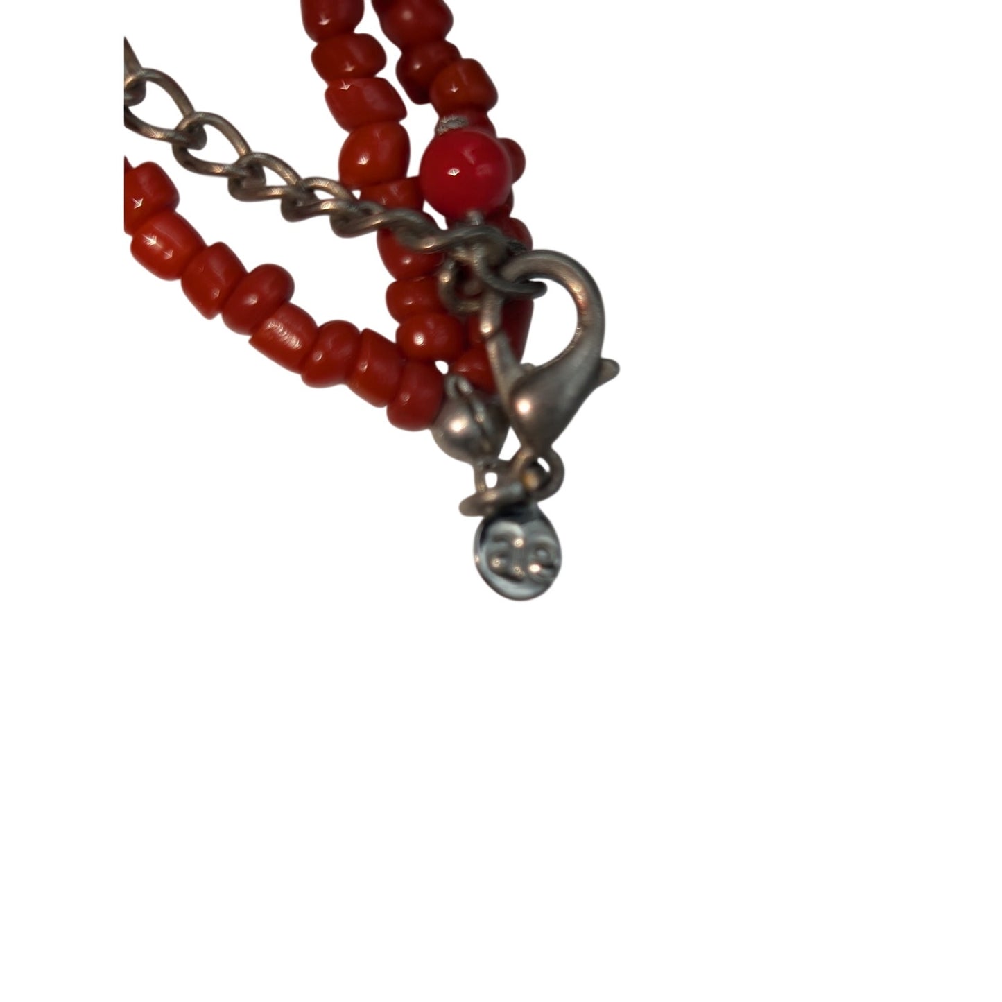 Vintage Red Glass Bead Signed ae Turquoise Chip Silver Tone Pendant Necklace