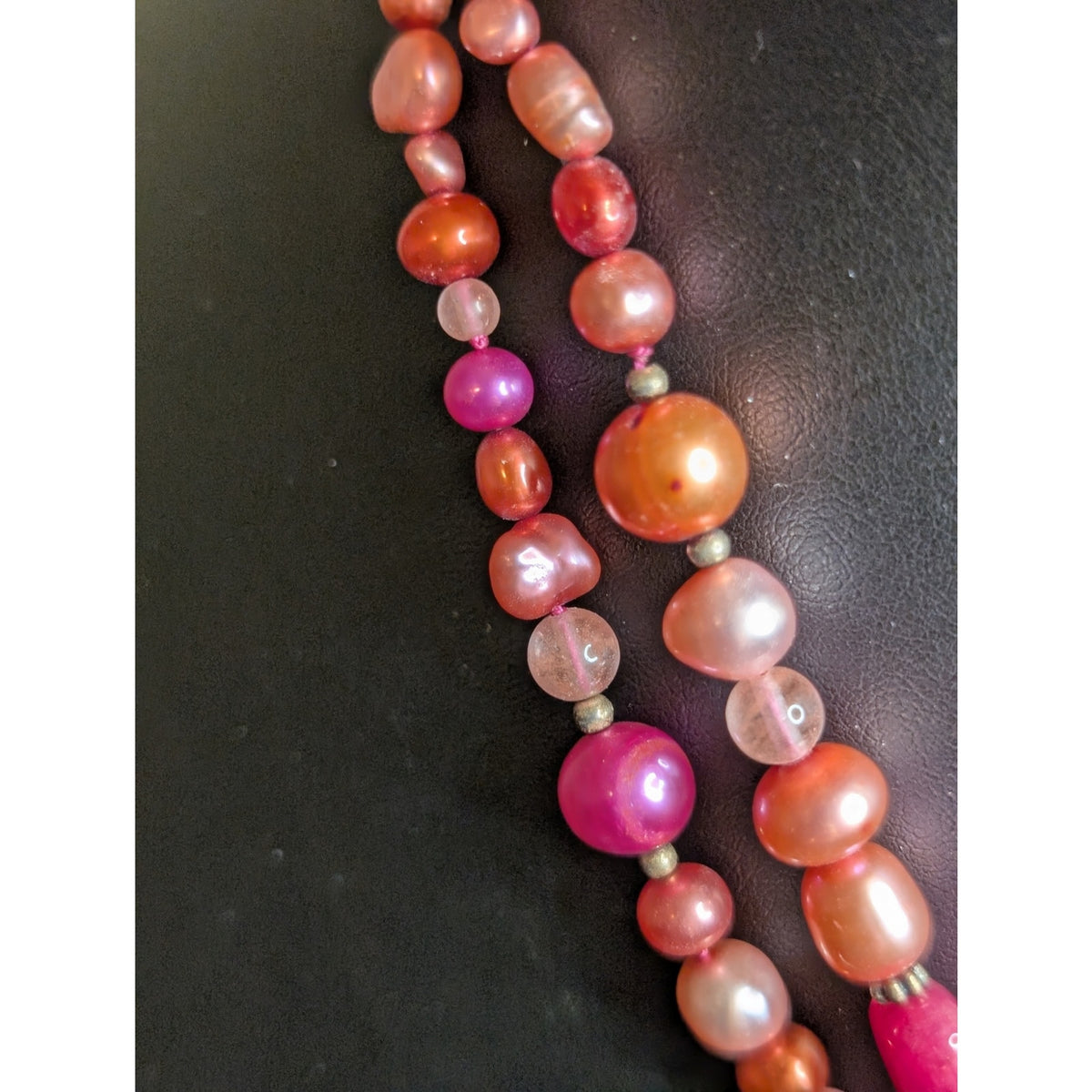 Double Strand Multi-Color Pearl Fuchsia Pink Rhodochrosite Pendant Necklace