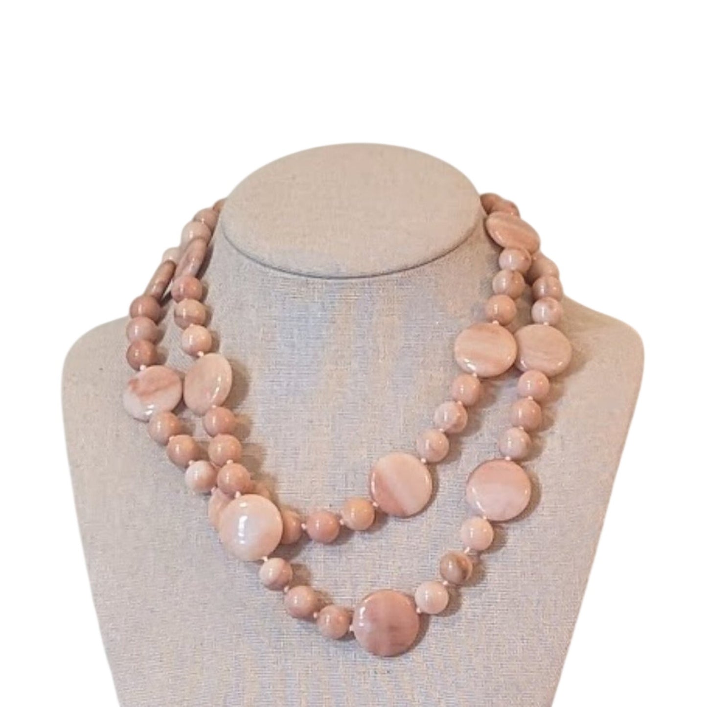 Peach Polished Stone Necklace with Gold Toggle Clasp Marked 'L'