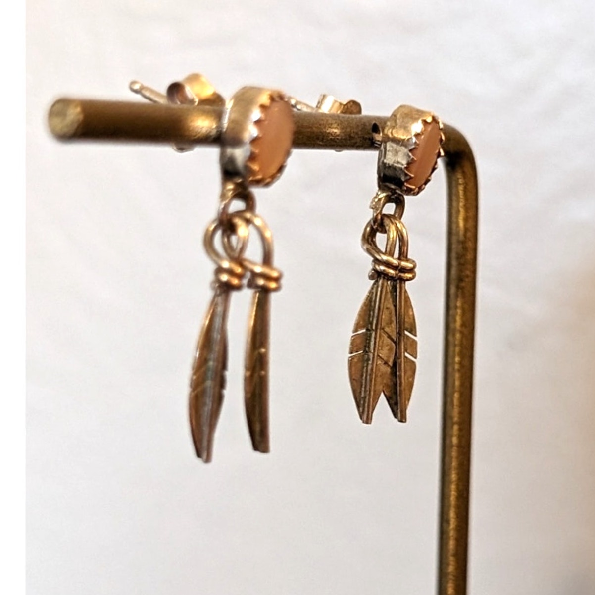 Native American Pink Stone Teardrop Ring Sz 4.75 & Feather Dangle Earring Set