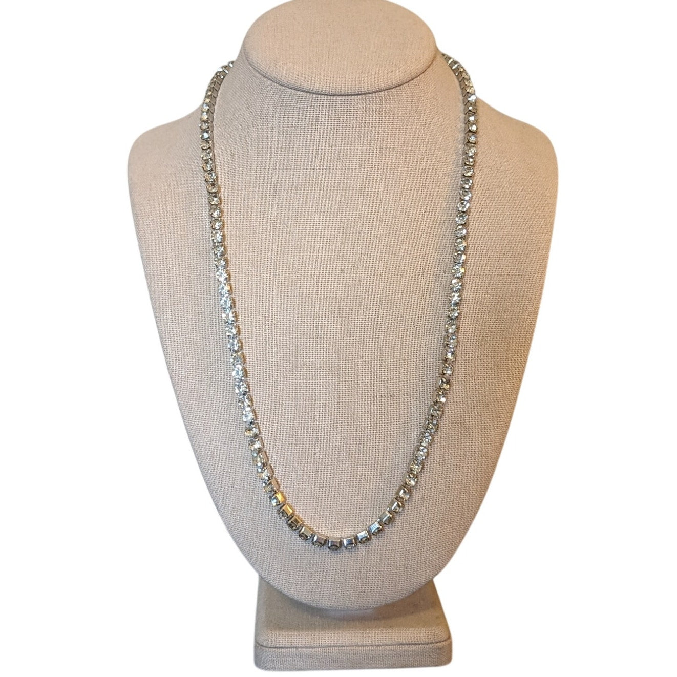Vintage Long Square Set Closed Back Rhinestone 'Tennis' Fold Over Clasp Necklace