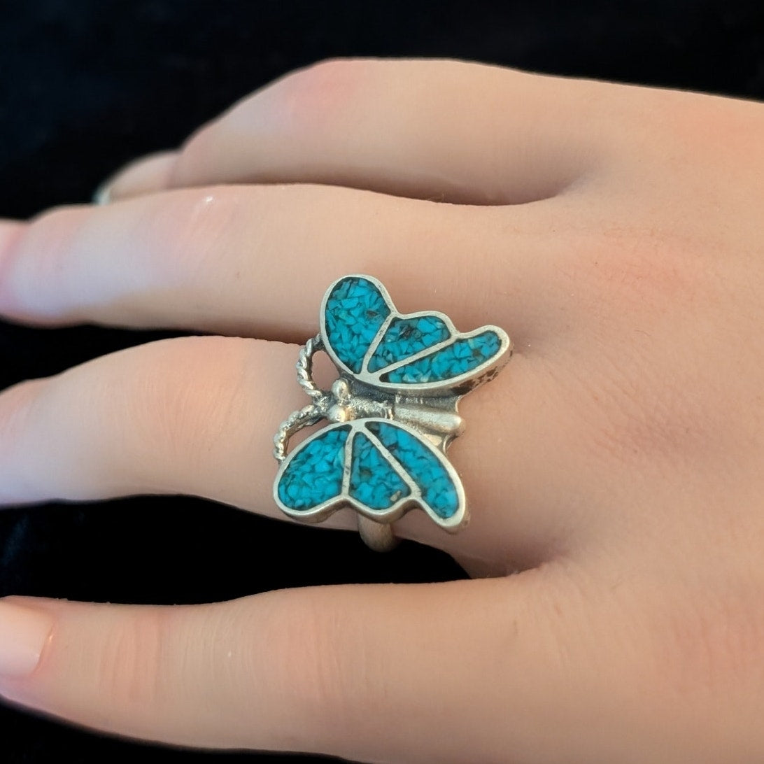 Vintage Crushed Turquoise Butterfly Design Sterling Silver 925 Ring Size 6