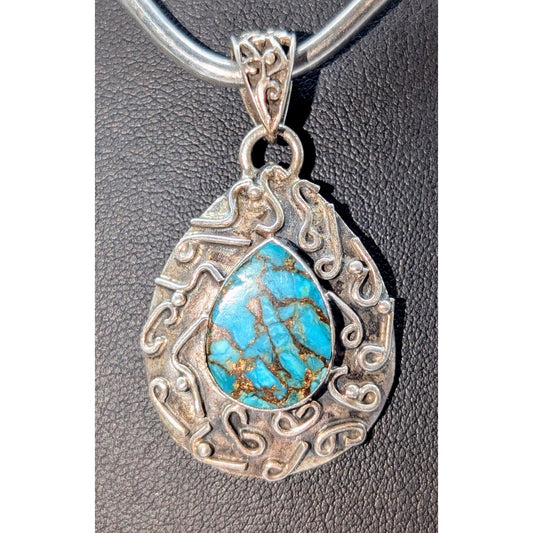 Vintage Teardrop Turquoise 925 Sterling Silver Squiggle Design Pendant (Only)