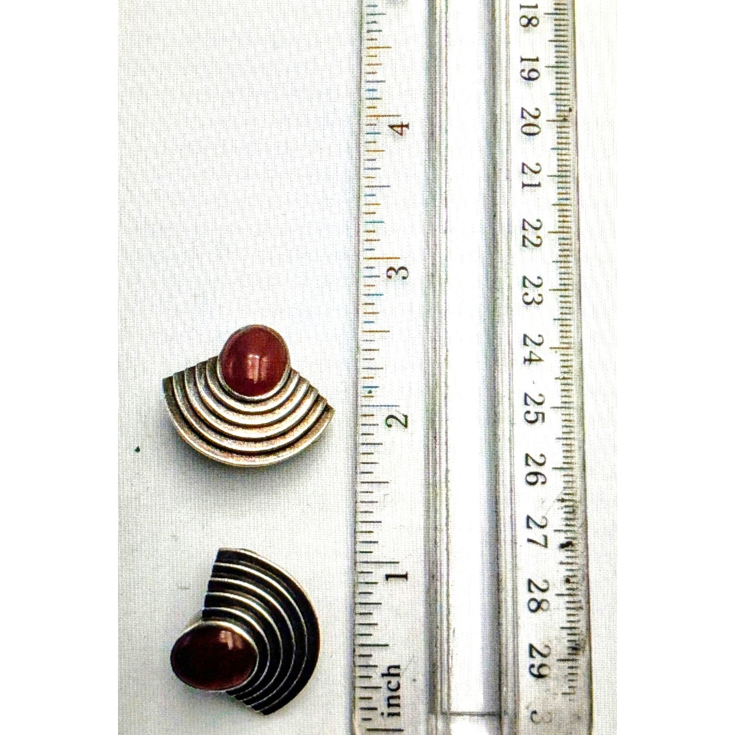 Vintage 80s Signed Nelson Levine Art Deco Style Carnelian Sterling Clip Earrings