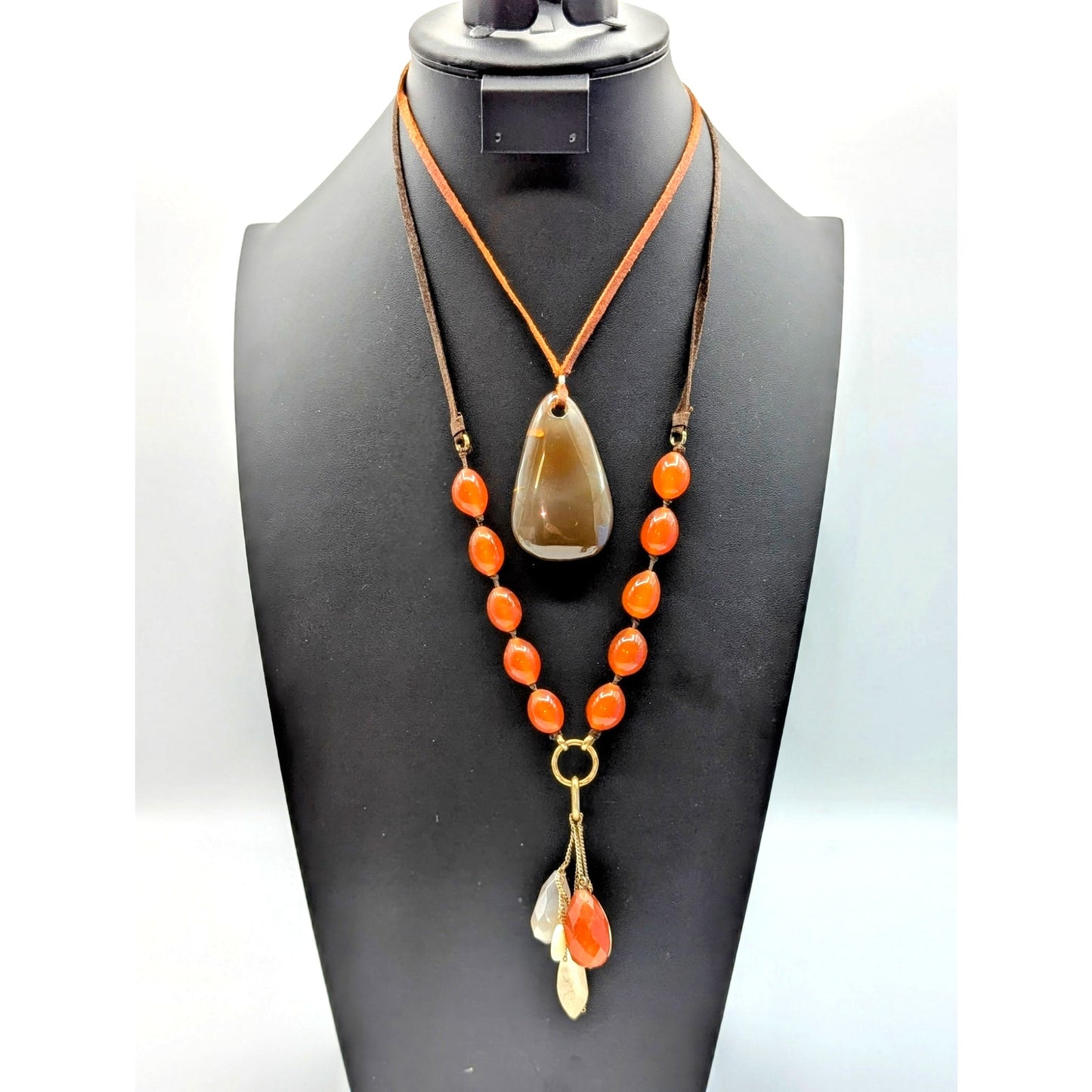 Two Boho Beaded Leather Cord Brown Tone Stone & Glass Bead Necklaces