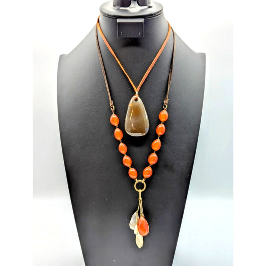 Two Boho Beaded Leather Cord Brown Tone Stone & Glass Bead Necklaces