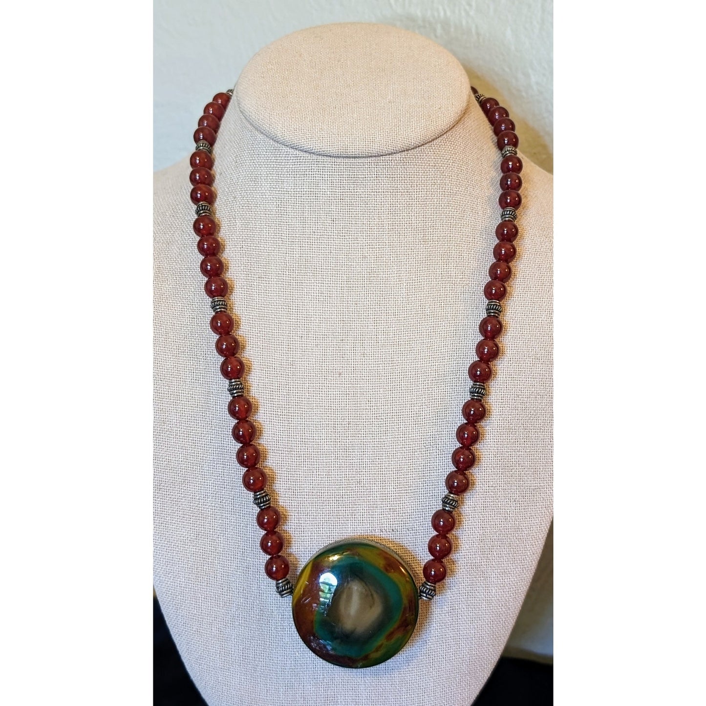 925 Sterling Carnelian Bead Large Jasper Cabochon Necklace W/ Fancy Hook Clasp