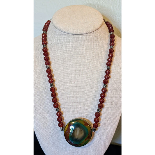 925 Sterling Carnelian Bead Large Jasper Cabochon Necklace W/ Fancy Hook Clasp