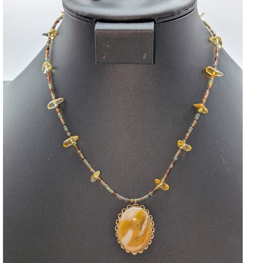 Vintage Mustard Color Stone Pendant Seed Bead 17.5" Necklace W/ Magnetic Clasp