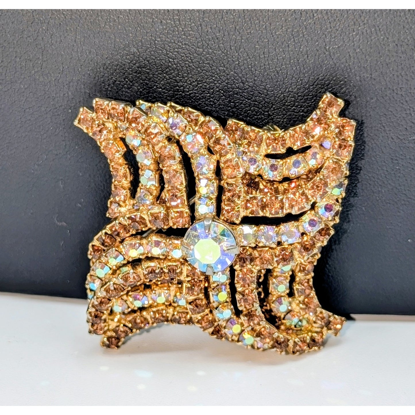 VTG 60s Kramer Gold Tone Vortex Wave Style Topaz & AB Rhinestone Pin Brooch