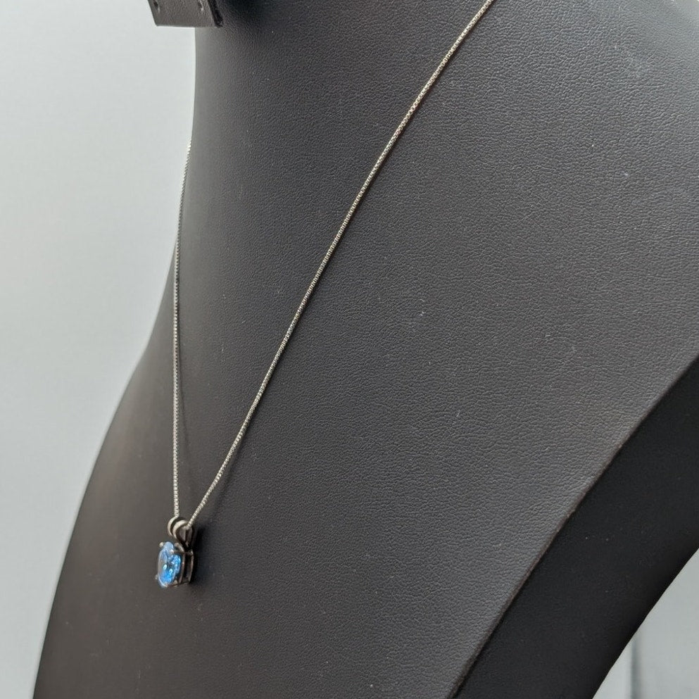 Vtg 925 Sterling Brilliant Blue Crystal Solitaire Pendant Box Chain Necklace